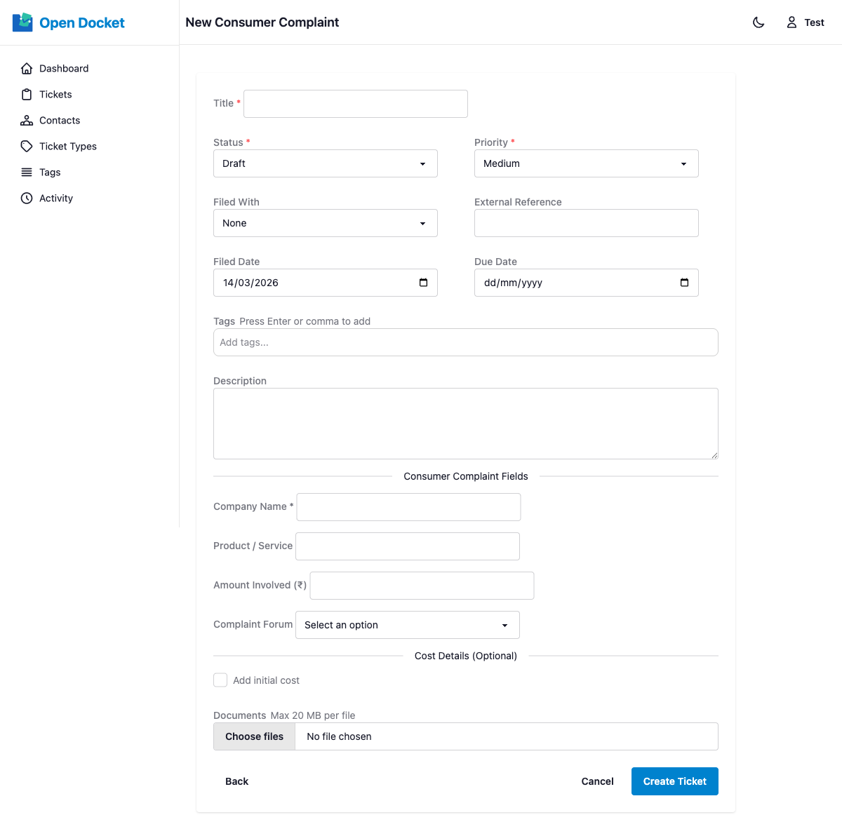 Ticket Creation Form